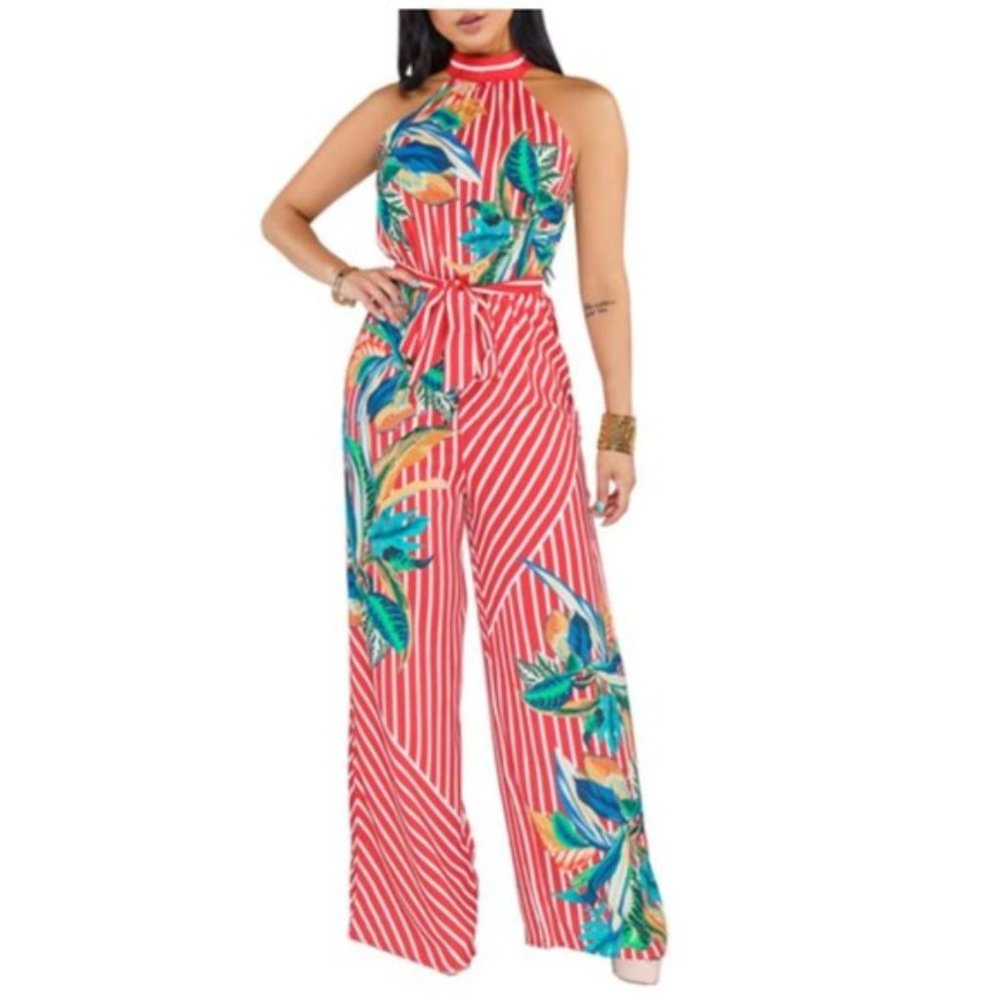 NWT High Neck Wide Leg Tie Waist Tropical Jumpsuit - Picture 4 of 6